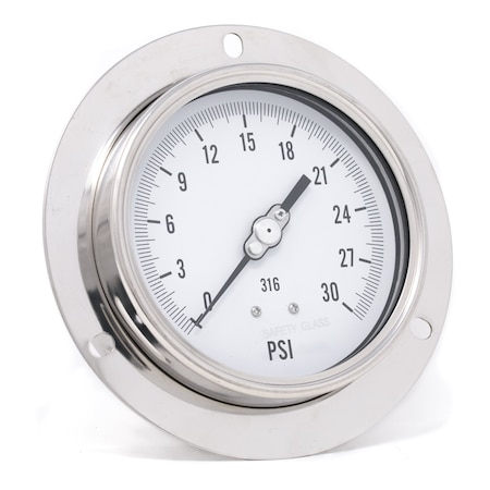 Pro 4in Dial, 0/30 PSI, 1/2in NPT, Back Connection, Front Flange, Panel Mnt Dry/Fillable Pressure Gauge PRO-314D-402C